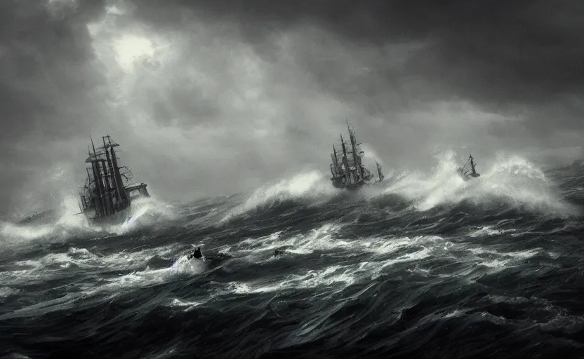 Prompt: middle of the ocean, large waves, battle between two 1800s ships, side by side, no land, dark skies, close up shot, at dusk, 4k, rule of thirds, extreme detail, hazy, water splash, intricate ink illustration, surreal, straight horizon, surrealist, trending on artstation, cgsociety, hd, complimentary colours, realistic lighting, by Albert Bierstadt, Frederic Edwin Church.