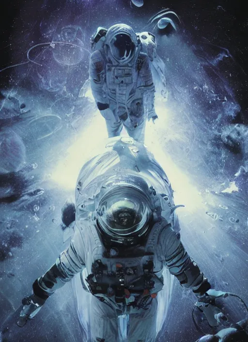 Image similar to astronaut in dark void underwater - complex and hyperdetailed technical suit design. reflection and dispersion materials. rays and dispersion of light. volumetric light. f / 3 2. noise film photo. flash photography. ultra realistic, 5 0 mm. poster by wayne barlowe, hajime sorayama aaron horkey, craig mullins