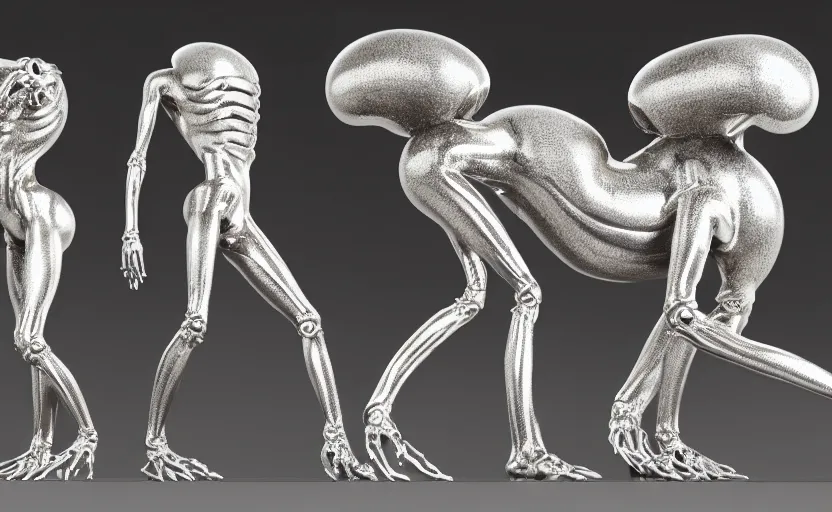 Prompt: stylized shiny polished silver statue full body extra limbs bizarre cosmic horror quadruped four legs made of marble of slug creature tendrils, perfect symmetrical body, perfect symmetrical face, hyper realistic, hyper detailed, by johannen voss, by michelangelo, octane render, blender, 8 k, displayed in pure white studio room