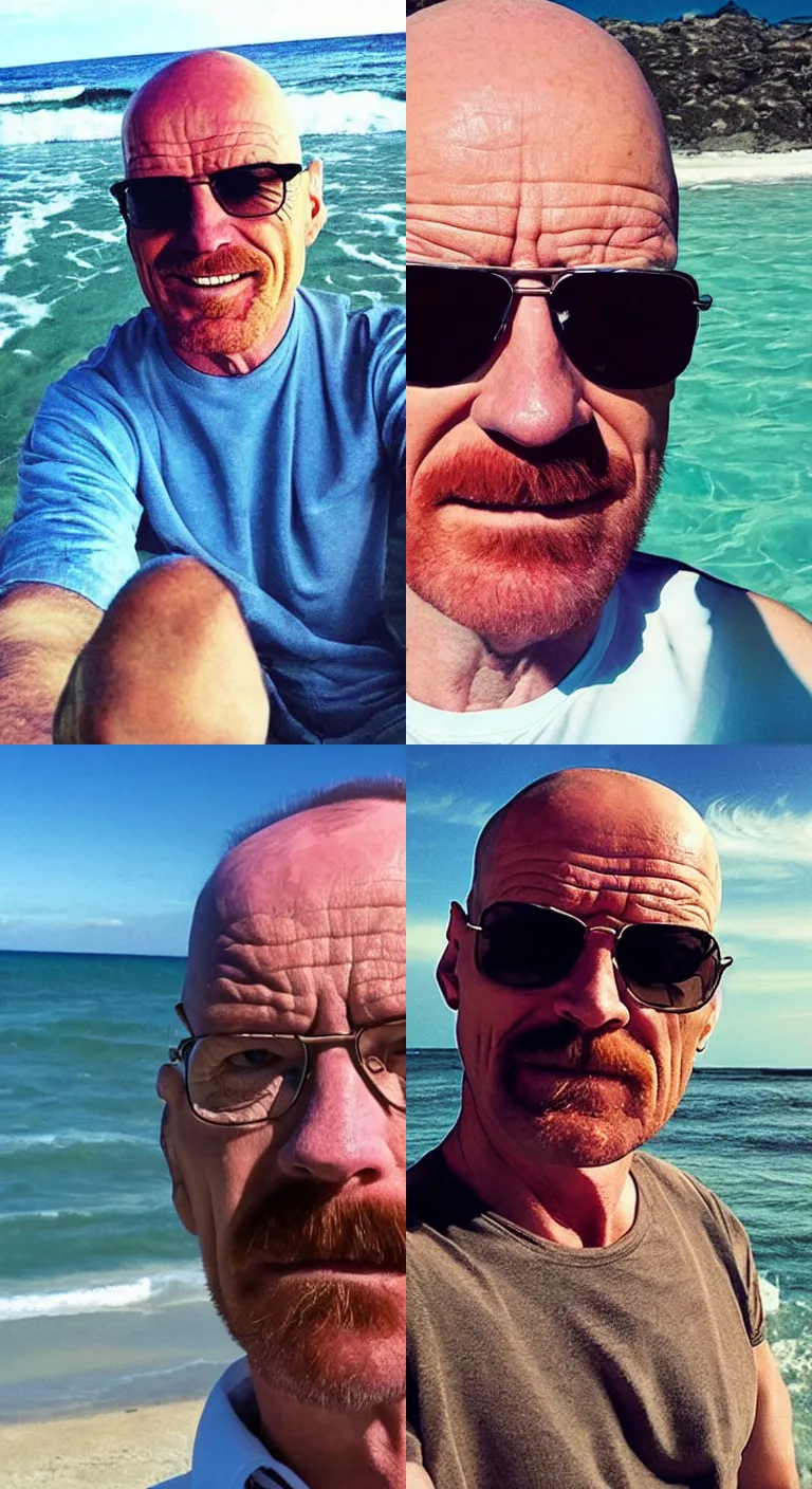 Prompt: a selfie of walterwhite relaxing on the beach