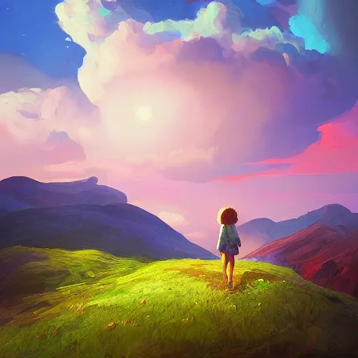 Image similar to giant daisy flower head, girl hiking in the mountains, surreal photography, sunrise, dramatic light, impressionist painting, colorful clouds, digital painting, artstation, simon stalenhag