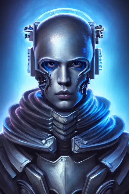 Image similar to portrait of beautiful young man, warhammer, cyber style, cyberpunk armor, a lot of more scars, more and more flowers, blue head, the middle ages, highly detailed, artstation, illustration, artgerm sylvari portrait, 8 k quality, art by rene magritte