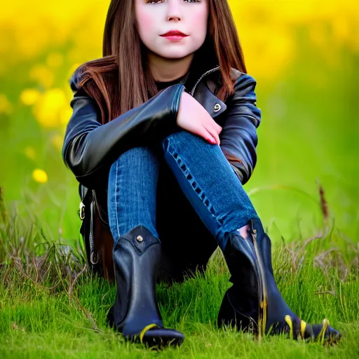 Image similar to young girl sits on a meadow, she wears leather jacket, jeans and black boots, sharp focus, photo taken by nikon, 4 k,