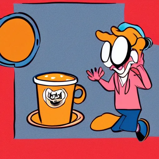 Image similar to a hand drawn disney illustration of a living box of mac and cheese holding a cup of coffee