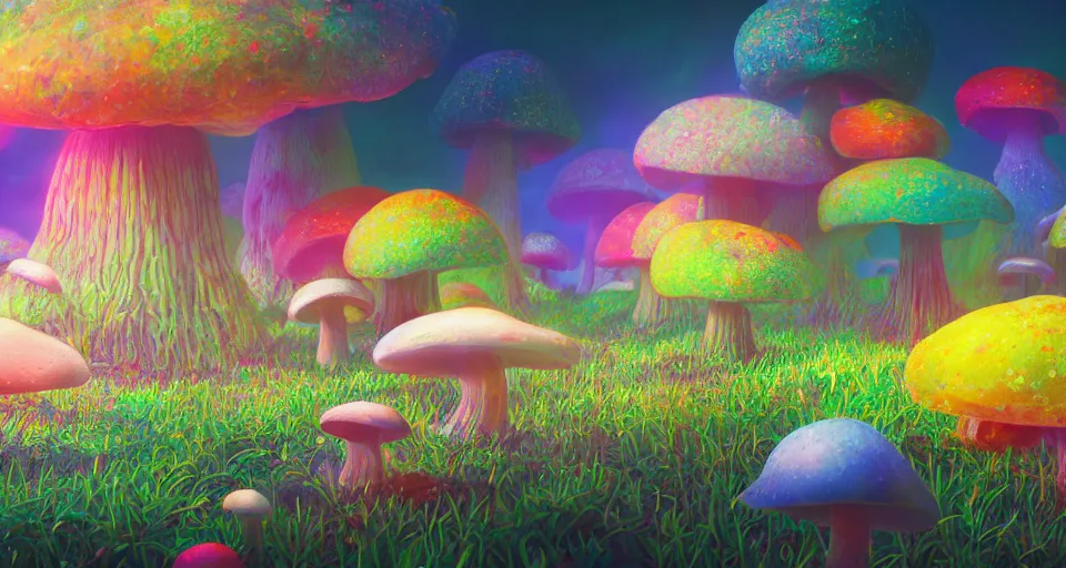 Prompt: a beautiful painting of psychedelic mushrooms by studio ghibli, gigantic, octane render, brilliantly coloured, intricate, ultra wide angle, trending on artstation, dusk, volumetric lighting, polished, micro details, ray tracing, 8k