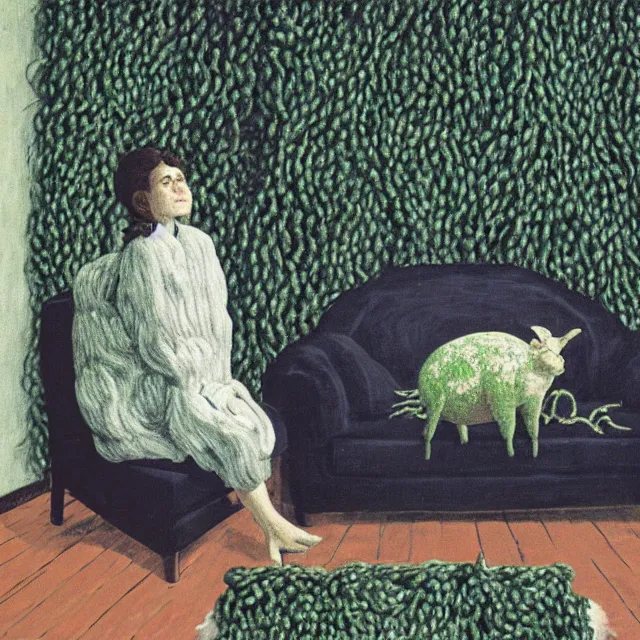 Image similar to a pathology student in her apartment, wrapped in vines, large stones, pig, black walls, black armchair, puddles, moss, acrylic on canvas, surrealist, by magritte and monet