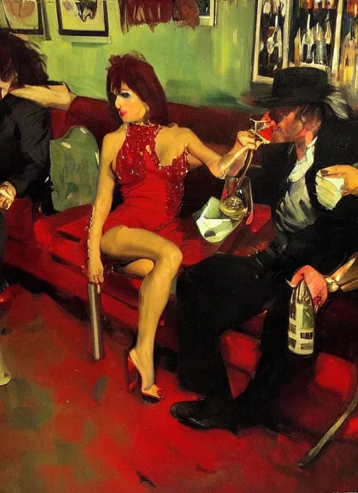 Image similar to glam rockers drinking brutal and raw wine, inside a green room with red lights by joaquin sorolla, phil hale, extremely detailed