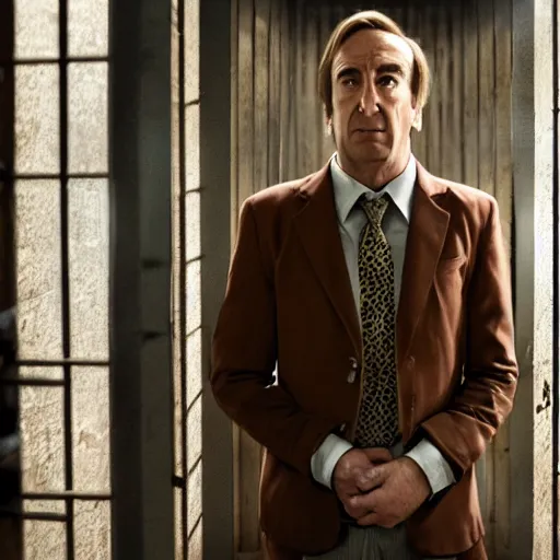 Image similar to Saul Goodman chained in an asylum room, claustrophobic, camera recording