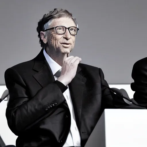 Prompt: Bill Gates wearing a leather jacket at a press conference