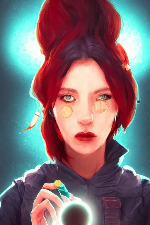 Image similar to portrait of a cyberpunk woman eating a small sun that is glowing, implants, red hair, cocept art, artststation, beautiful