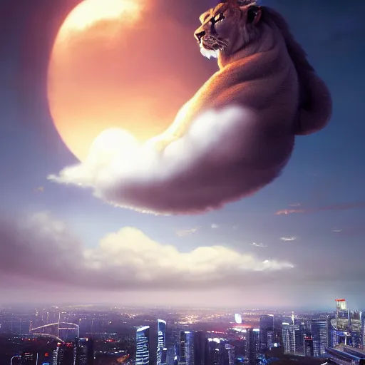 Prompt: Singapore city with a lion-shaped cloud in the sky and a squadron of chinooks flying in the sky and a crescent moon in the background, by greg rutkowski, red and white lighting, digital art, ultra realistic, ultra detailed, photorealistic, 4k, character concept