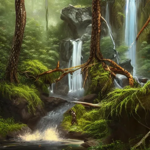 Prompt: a waterfall homogeneous to tears near a tumultuously overgrown jungle, intricately detailed oil painting, trending on artstation, cgsociety contest winner, 4 k quality
