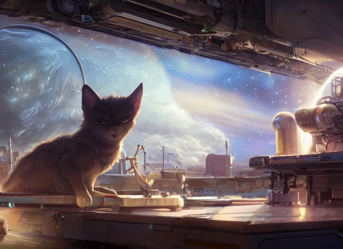 Image similar to alien space cat sleeping on a mechanics workbench in a spaceport with their android owner repairing a ship in the background in a space opera ghibli animated film, volumetric lighting, octane render by stanley artgerm lau, greg rutkowski, thomas kindkade, alphonse mucha, loish, norman rockwel, highly detailed