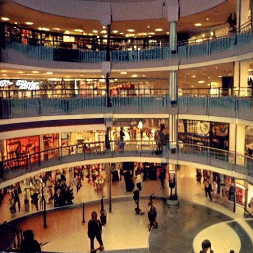 Prompt: Inside a mall in the 1980\'s.