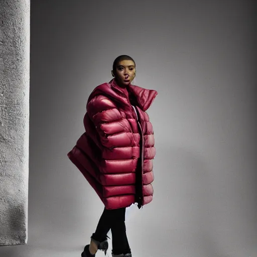 Image similar to realistic photoshooting for a new balenciaga lookbook color film photography close up portrait of a beautiful woman model, model wears a puffer jacket, photo in style of tyler mitchell, ssense