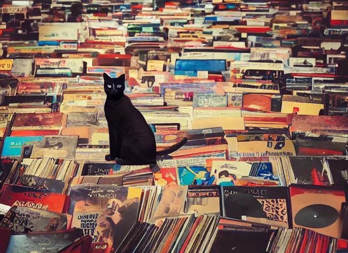 Image similar to photography of a Cat sitting on a pile of books and vinyls. a record player is in the shot. in a room full of vinyls and posters out of the 70's, photorealistic, raining award winning photo, 100mm, sharp, high res