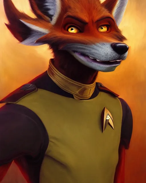 Image similar to painting of anthromorphic male dogman wolfman in starfleet uniform, star trek, zootopia, fursona, furaffinity, 4 k, deviantart, furry art, very expressive detailed face, gaston bussiere, craig mullins, jc leyendecker, gustav klimt, artgerm, greg rutkowski, alphonse mucha