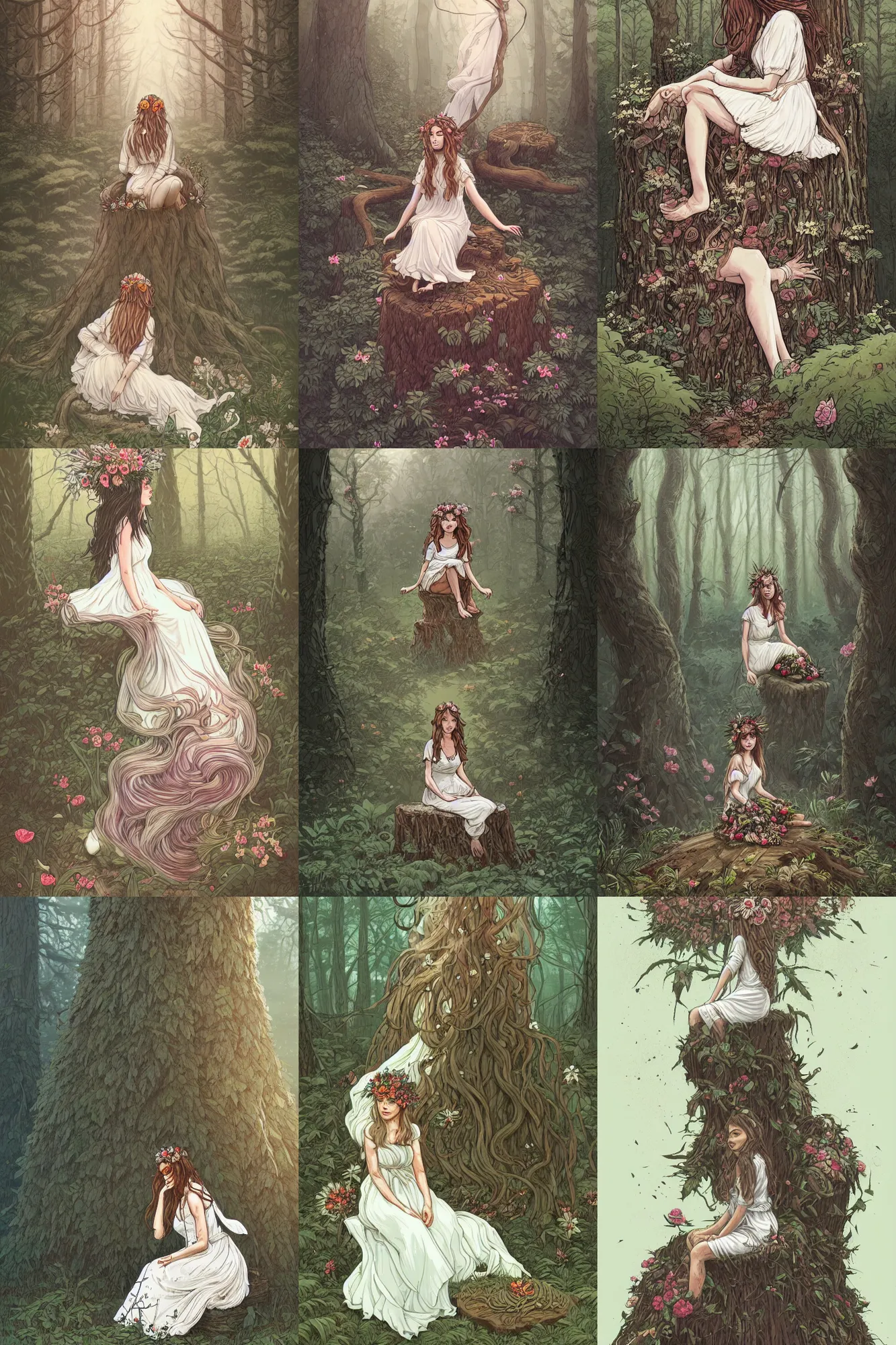 Prompt: woman sitting on the stump in the forest. trees, Long wavy hair. Flowers in her hair. Flowers on the body, white thick smoke, white dress Renowned character illustration by, Dan Mumford, Greg Rutkowski, Trending on artstation