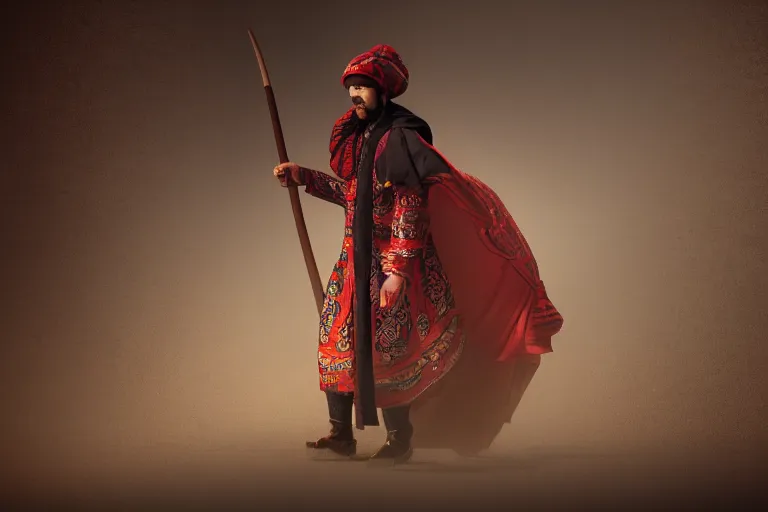 Image similar to theatre stage, romanian man in traditional romanian clothing with scythe, traditional romanian clothing, concept art, dramatic lighting, beautiful, volumetric lighting, colorful, octane render
