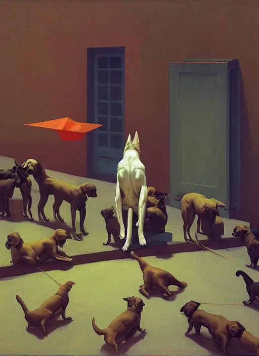 Image similar to crowd of dogs with recovery cones Edward Hopper and James Gilleard, Zdzislaw Beksinski highly detailed