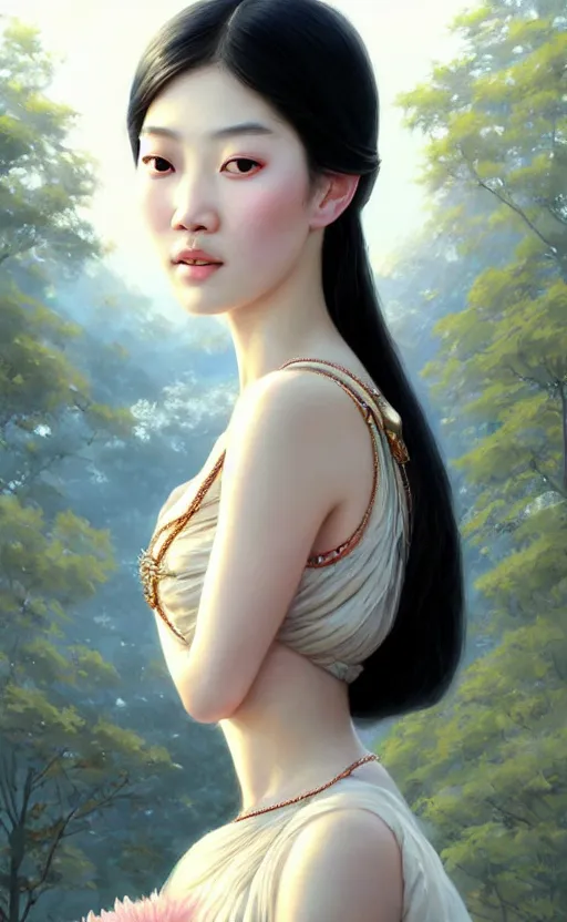 Image similar to a beautiful young charming asian goddess with sundress + jewelry + shinny eyes | | winter, symmetric, realistic shaded, unpleasant face, good looking, fine details, dior, lv, realistic shaded lighting poster by greg rutkowski, macoto takahashi, magali villeneuve, artgerm, jeremy lipkin and michael garmash