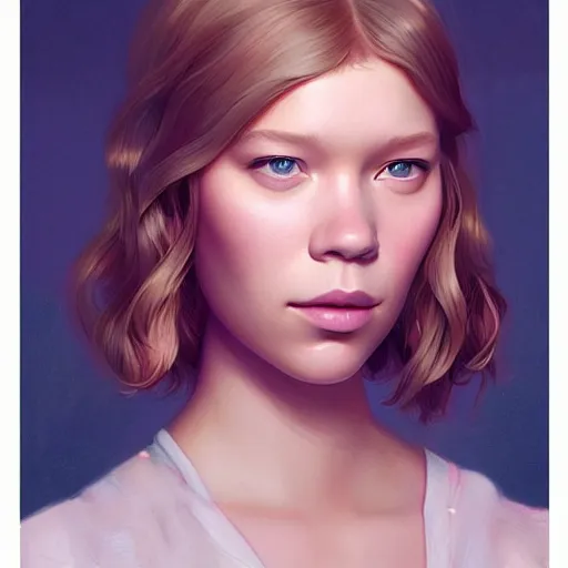 Image similar to a beautiful scenic painting of a beautiful young girl that looks like lea seydoux by artgerm and wlop and wes anderson and spike jonze