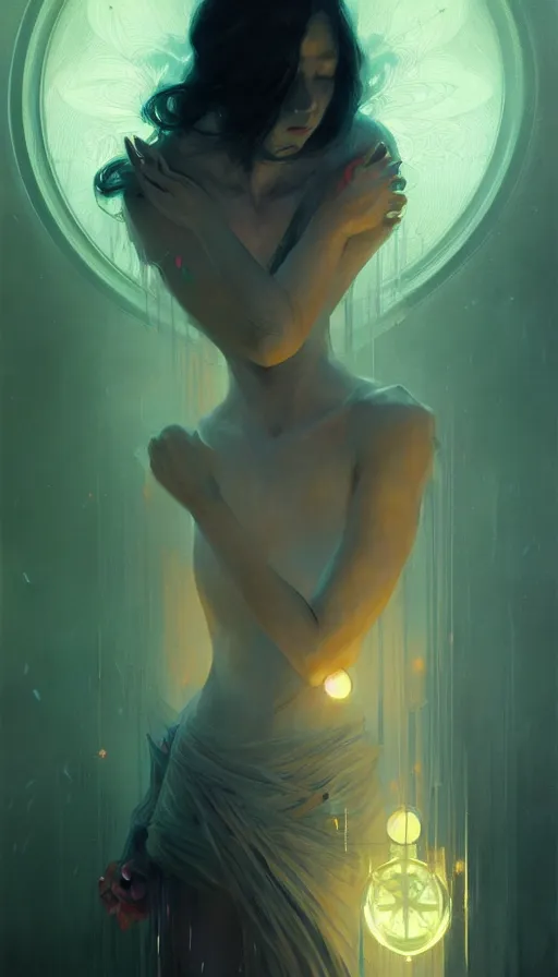 Image similar to symmetry!! portrait of a beautiful necromancer princess, sci - fi, glowing lights!! intricate, elegant, highly detailed, digital painting, artstation, concept art, smooth, sharp focus, illustration, ethereal, ominous, misty, by ruan jia and jeremy mann and alphonse mucha, 8 k