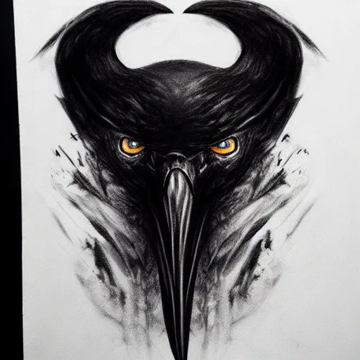Image similar to Odin with eye-patch, two ravens, charcoal portrait, artstation, fine-detailed