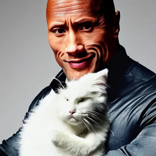 Prompt: dwayne johnson holding a fluffy white cat with yellow eyes, studio lighting, promotional photograph