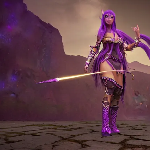 Image similar to high quality unreal engine render of a Dungeons and Dragons character, half-elf sorceress, she has purple hair, 30 years old, a fire spell forms in her hands, ancient Persian city in the background