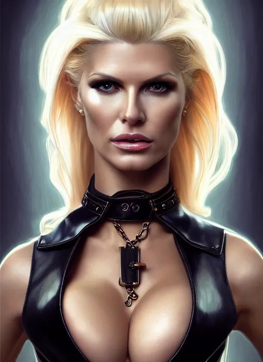 Image similar to portrait of blonde victoria silvstedt as a sultry lady, collar and leash, leather, greek, intricate, headshot, victoria silvstedt face, highly detailed, digital painting, artstation, concept art, sharp focus, cinematic lighting, illustration, art by artgerm and greg rutkowski, alphonse mucha, cgsociety