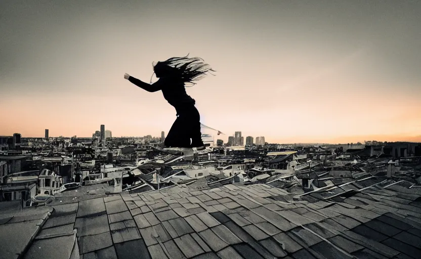 Prompt: sideways landscape photo of person jumping on the roofs, high contrast, moody sunset, late night, blurry photo, sharp focus, digital art, smooth