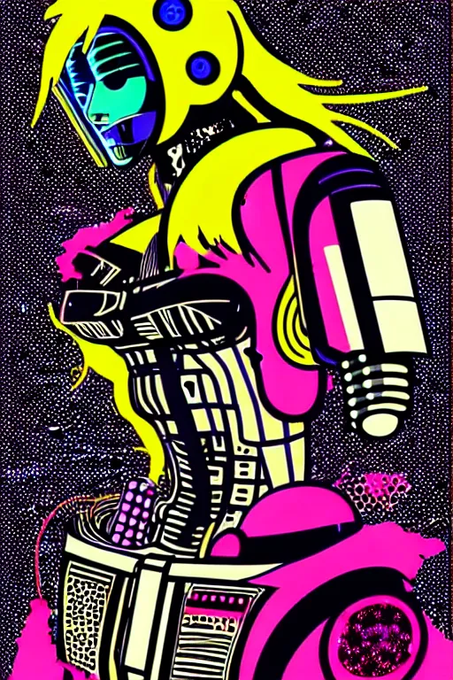 Image similar to futuristic japanese cyberpunk by roy lichtenstein, by andy warhol, ben - day dots, pop art, bladerunner, pixiv contest winner, cyberpunk style, cyberpunk color scheme, mechanical, high resolution, hd, intricate detail, fine detail, 8 k