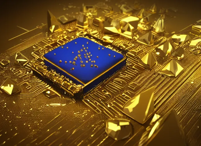Image similar to magic golden computer chip with a crystal on the center, made by an artificer, product photo, octane render, unreal engine 5, 4 k, 8 k