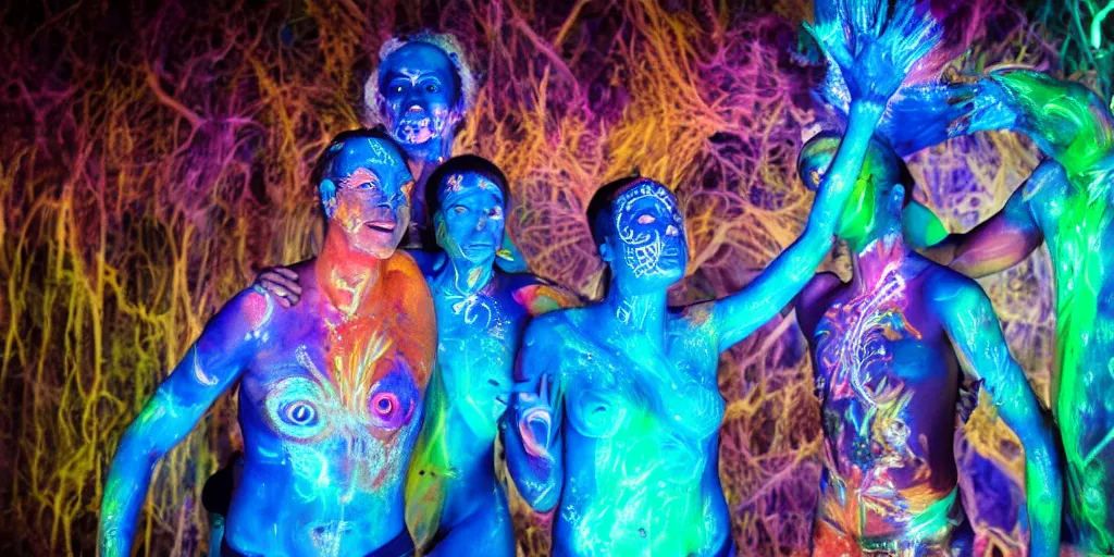 Prompt: people with glowing body paint, rebirth symbolism, wide angle, cinematic atmosphere, elaborate, UV, Blacklight, highly detailed, dramatic lighting