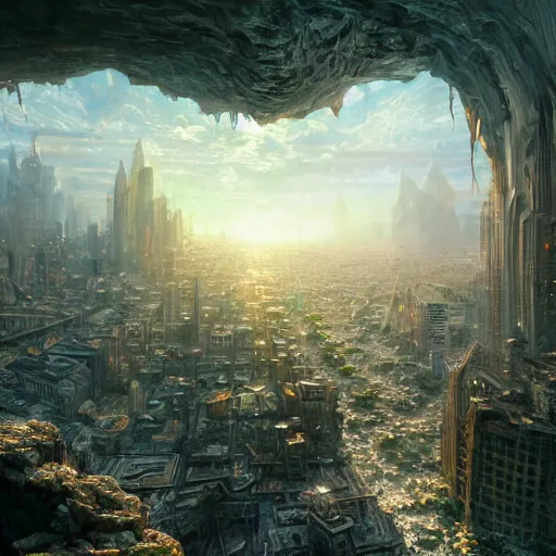 Prompt: a beautiful hyper - realistic detailed digital concept art painting of a a glistening city within a cracked open geode, dynamic lighting, crepiscular lighting coming from within the geode, low key lighting, by greg rutkowski, thomas kinkade, andreas rocha, barron storey, mati klarwein, high resolution, 4 k, sharp detail.