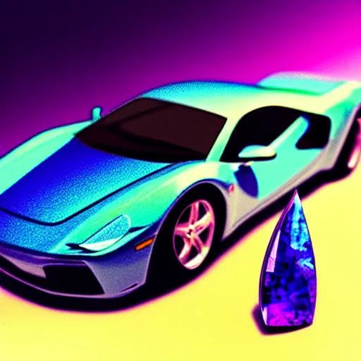 Prompt: a supercar in a dark studio room, vaporwave theme. Microscopic view. Tanzanite, Opal, Kunzite paintjob. in the style of artgerm.