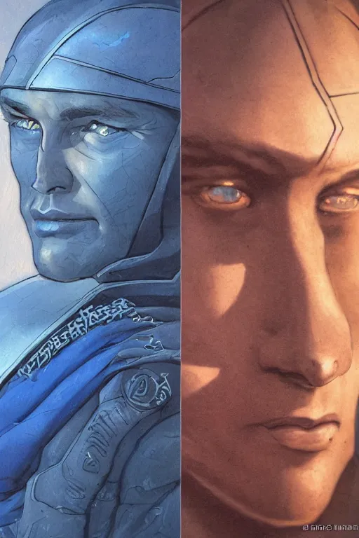 Image similar to dune themed majestic paul atreides glowing blue eyed fremen warrior, desert breathing armor, graffiti, street art sketch by sachin teng, moebius, artgerm, michael cheval, esao andrews, francois boucher, masterpiece, intricate organic painting, matte painting, hard edges, highly detailed, cinematic lighting character art movie poster by drew struzan