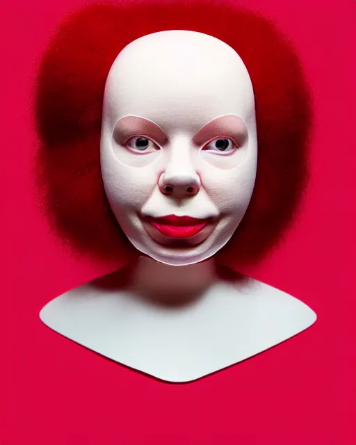 Prompt: symmetrical portrait of a woman wearing a pink silicone beauty mask and red hair rolls, wearing a red bodysuit by alexander mcqueen, cream white background, biotechnology, bjork aesthetic, translucent, by rineke dijkstra, masterpiece