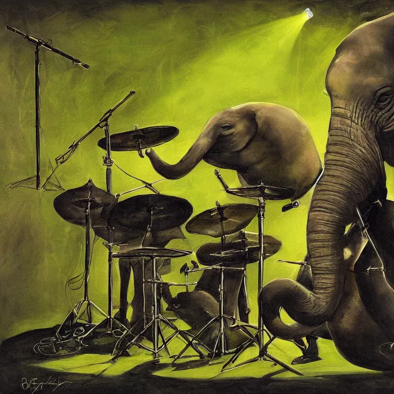 Image similar to a beautiful painting by aleksi briclot of an elephant seal playing drums and telecaster guitar in a concert stage, dark background, green concert light, dark mood