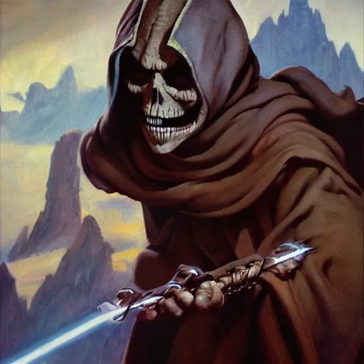 Image similar to ultra realistic portrait painting of skeletor as obi - wan kenobi, art by frank frazetta, 4 k, ultra realistic, highly detailed, epic lighting