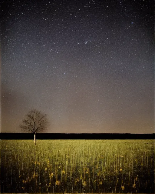 Prompt: man sitting in a huge field, star filled night sky, by gregory crewdson, wide angle, surreal, dark, emotive