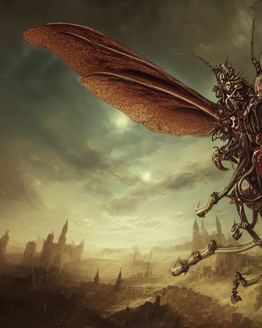 Image similar to A epic and beautiful rococo painting of a giant mosquito, reminiscent of a winged medieval knight. ultra-detailed. Castlevania style. Anime, pixiv, UHD 8K CryEngine, octane render