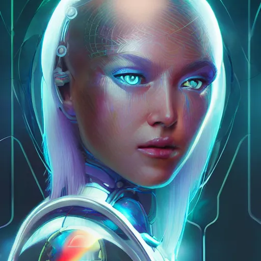 Prompt: alien cybernetic holographic princess, detailed portrait, intricate complexity, by greg rutkowski, artgerm, ross tran, conrad roset, takato yomamoto, ilya kuvshinov. 4 k, beautiful, cinematic dramatic atmosphere