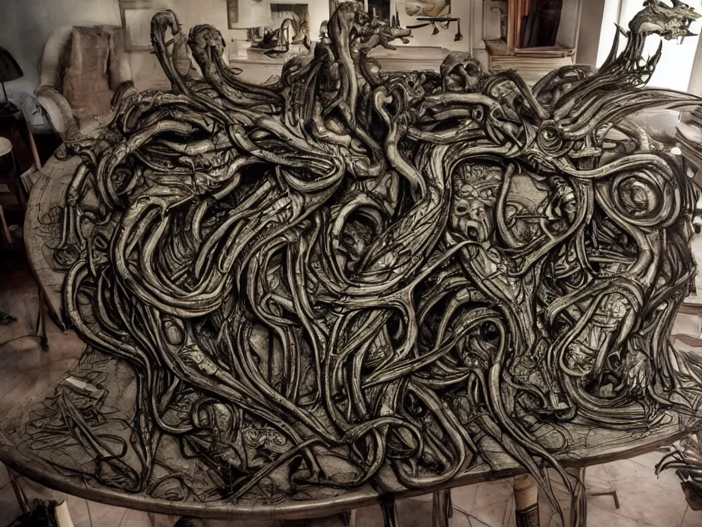 Image similar to Cthulhu woodern table, hr giger style, photo realistic, lovely dramatic morning light, bring me a cup of tea yes sir ralph steadman