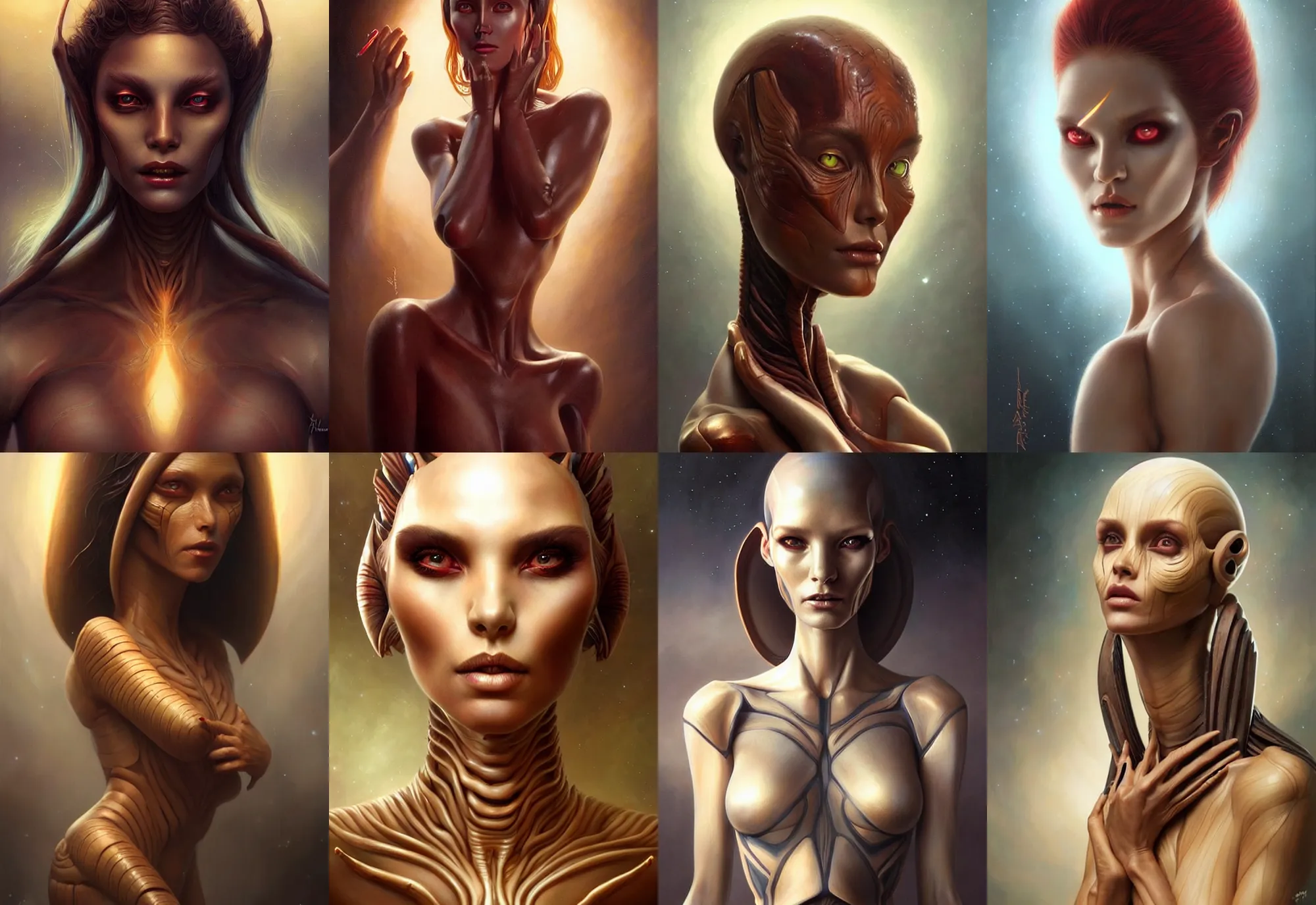 Prompt: a beautiful alien woman with wooden skin, painted by artgerm and tom bagshaw, fantasy art, dramatic lighting, highly detailed oil painting
