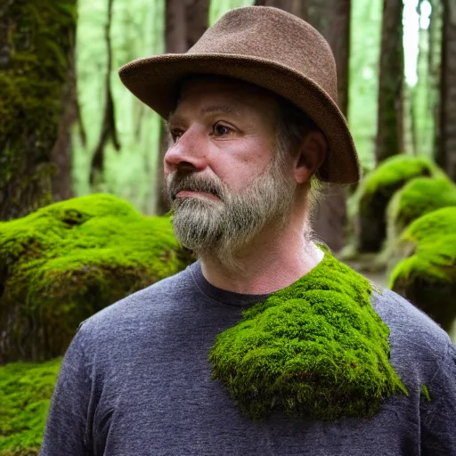 Prompt: portrait of a man with hat made of moss, 4k, 35 mm lens, high details, natural light, Forrest in background