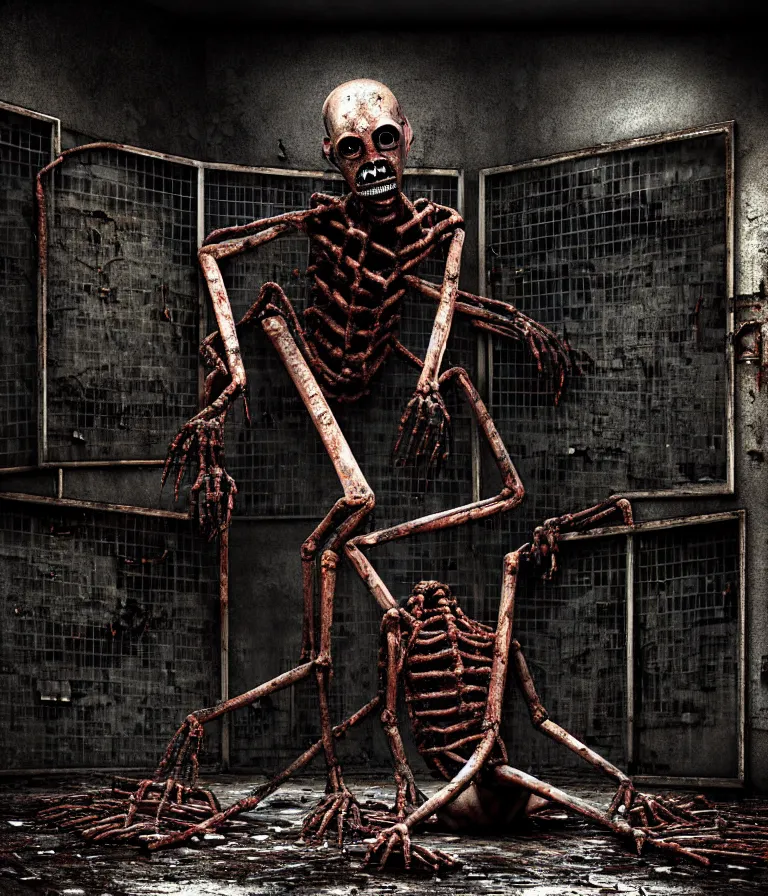 Image similar to Creepy huge suffering humanoid with long limbs sits on the floor and looks at the little old TV. An underground very dark gloomy multi-layered structure of rusty thick iron grates, dense chain-link fencing and peeling walls. Inside view, collapsed floors, bent rusted iron, masterpiece, black background, corners, cinematic, hyperdetailed, photorealistic, hyperrealism, octane render, 8k, depth of field, bokeh, architecture, shadows, art by Zdzisław Beksiński, Dariusz Zawadzki