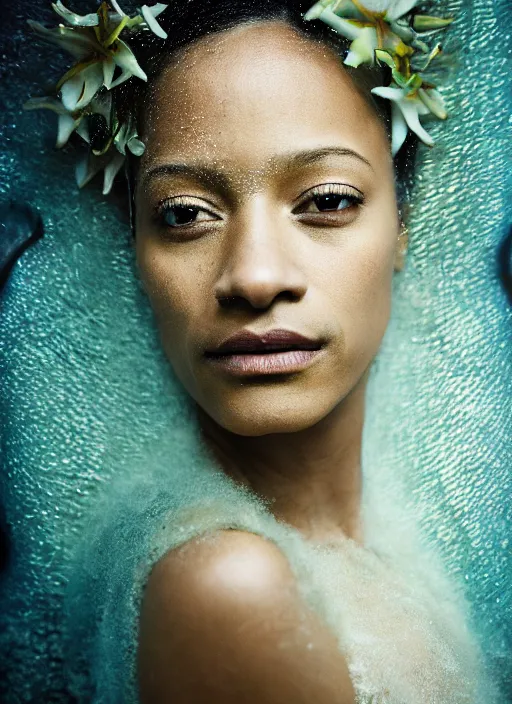 Image similar to Kodak Portra 400, 8K, soft light, volumetric lighting, highly detailed, britt marling style 3/4 by Martin Stranka , extreme Close-up portrait photography of ZoeSaldana as beautiful black skinned mermaid la sirene Haitian god, white lilies, shells, bubbles, how pre-Raphaelites,inspired by Ophelia by Martin Stranka, the face emerges from water of Pamukkale, underwater face, hair are intricate with highly detailed realistic beautiful brunches and flowers like crown, Realistic, Refined, Highly Detailed, soft blur background, outdoor soft pastel lighting colors scheme, outdoor fine art photography, Hyper realistic, photo realistic