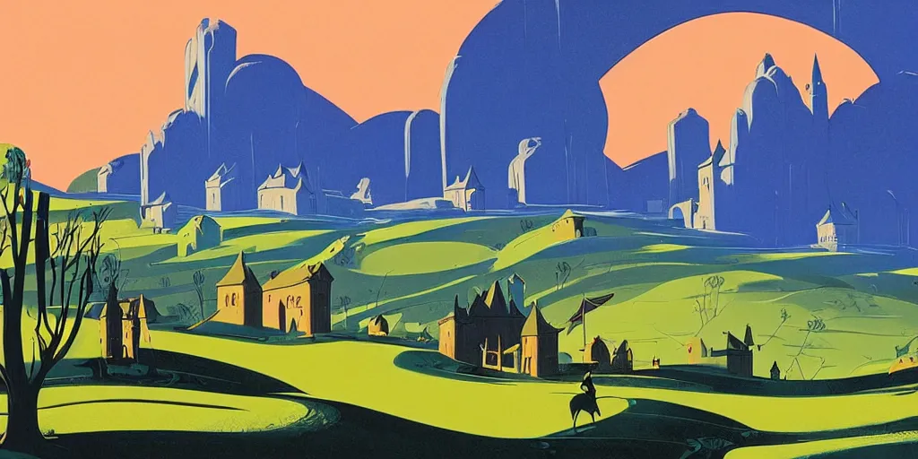 Prompt: medieval landscape, gouache, animated film, stylised, illustration, by eyvind earle, scott wills, genndy tartakovski, syd mead